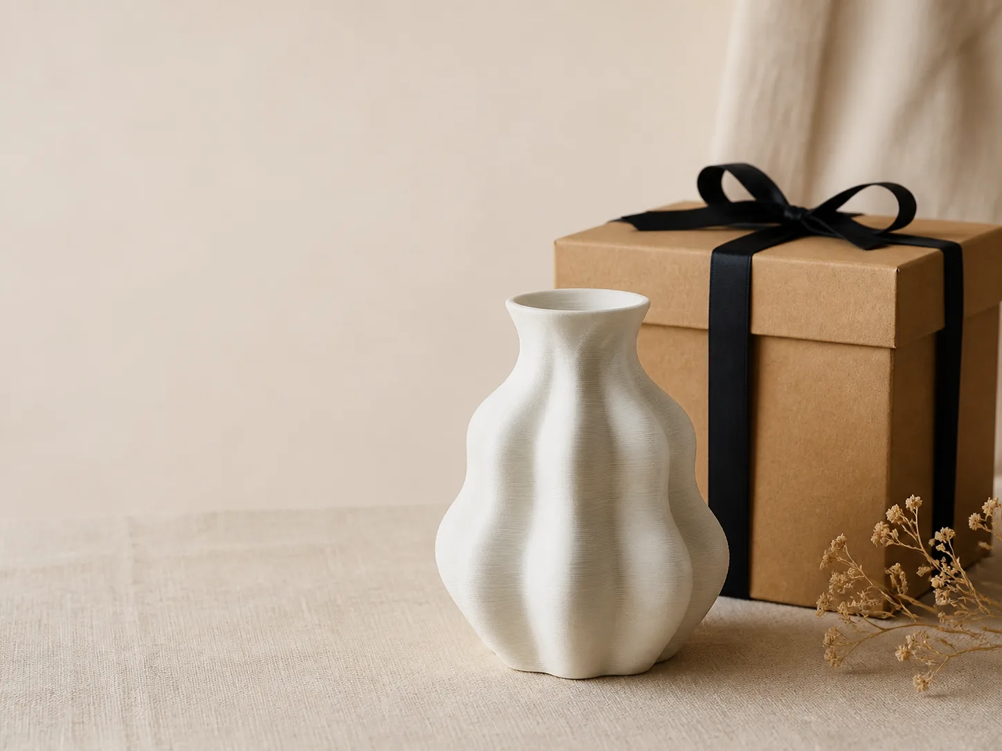 Florero de diseño junto a una caja de regalo